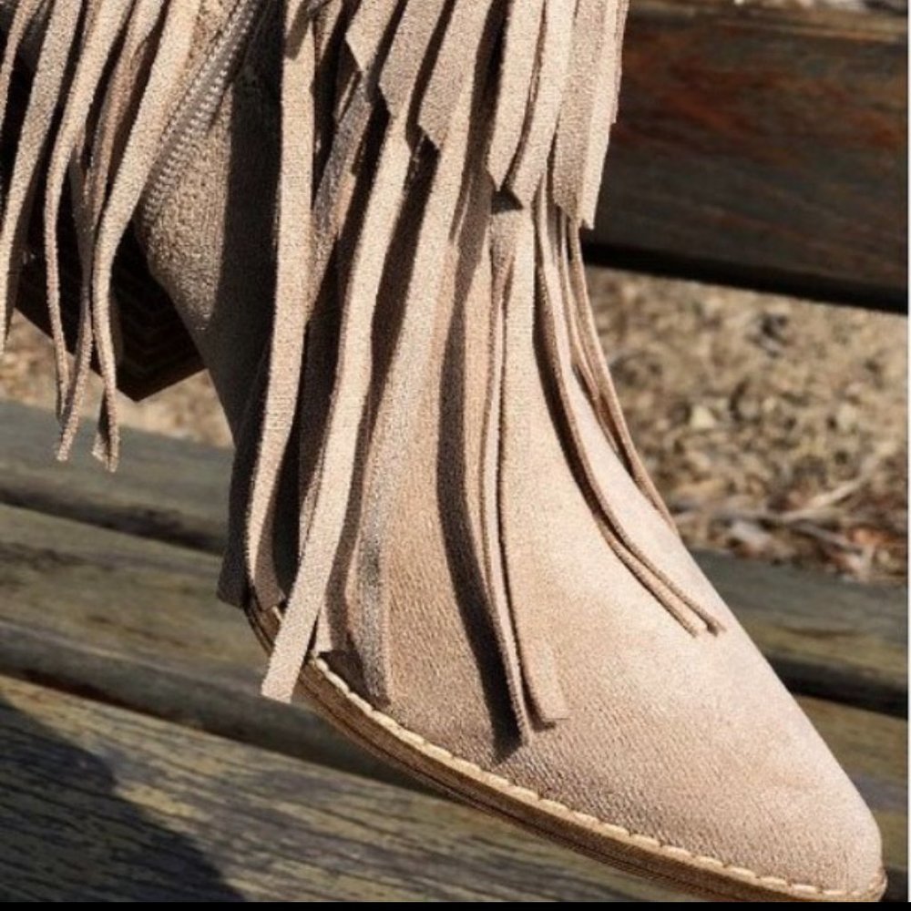 NEW Fringe Tassel Faux Suede Pointy Toe Block Heel Western Booties Boots Taupe - Picture 6 of 13
